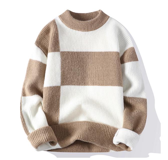 Men s Korean Style Color Block Wool Sweater: Half High Neck Knit for Autumn/Winter Warmth. M