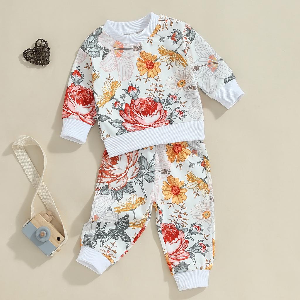 Toddler Girls Fall Outfits Floral Print Long Sleeve Sweatshirt and Elastic Sweatpants Set Baby Cute 2 Piece Clothes