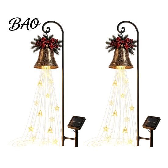 Traditional Holiday Garden Decor Solar Christmas Bell Waterfall Light, LED Metal Stake with Red Ribbon, Automatic Dusk to Dawn Lights Auto On/Off,
