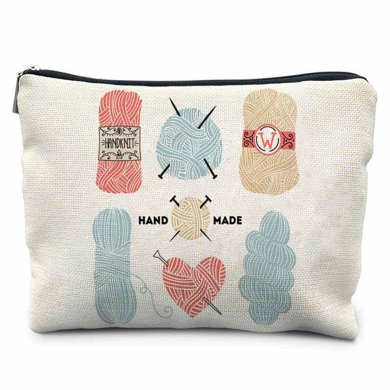 Creative Sewing Theme Print Makeup Bag Polyester Zipper Pouch Button Yarn Cat Pattern Organizer for Travel Daily Use 21.5x15cm