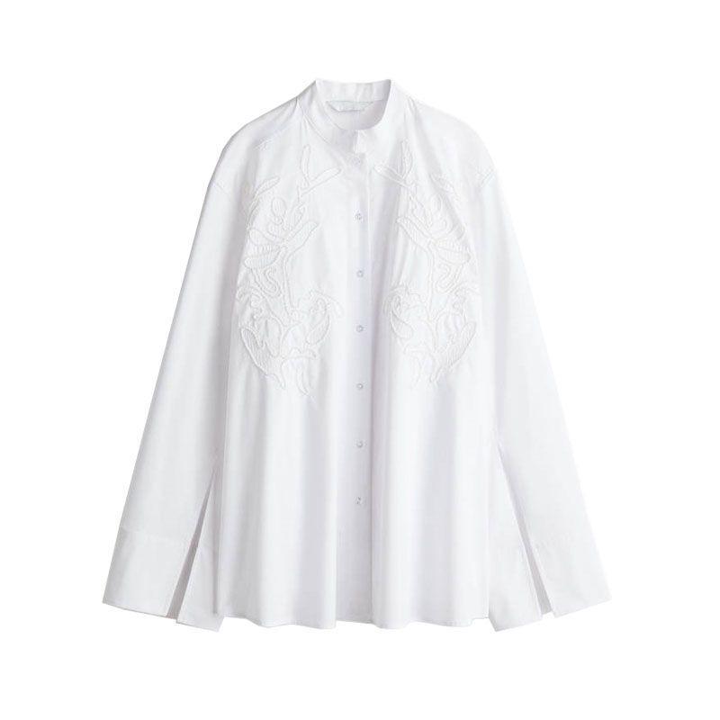 Summer New Product Women's Clothes Straight-leg Hem Chinese Stand Collar Drop-Shoulder Long-Sleeve Embroider Cotton Shirt 1284333
