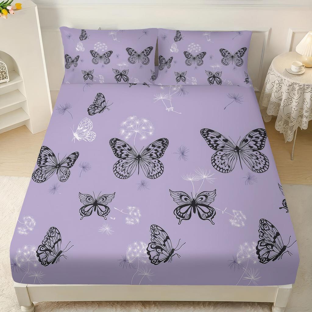 3pcs Purple Dreamy Butterfly Romantic Print Coreless Bed Sheet Set Multiple Sizes Bed Cover Bedroom Bedding Decoration