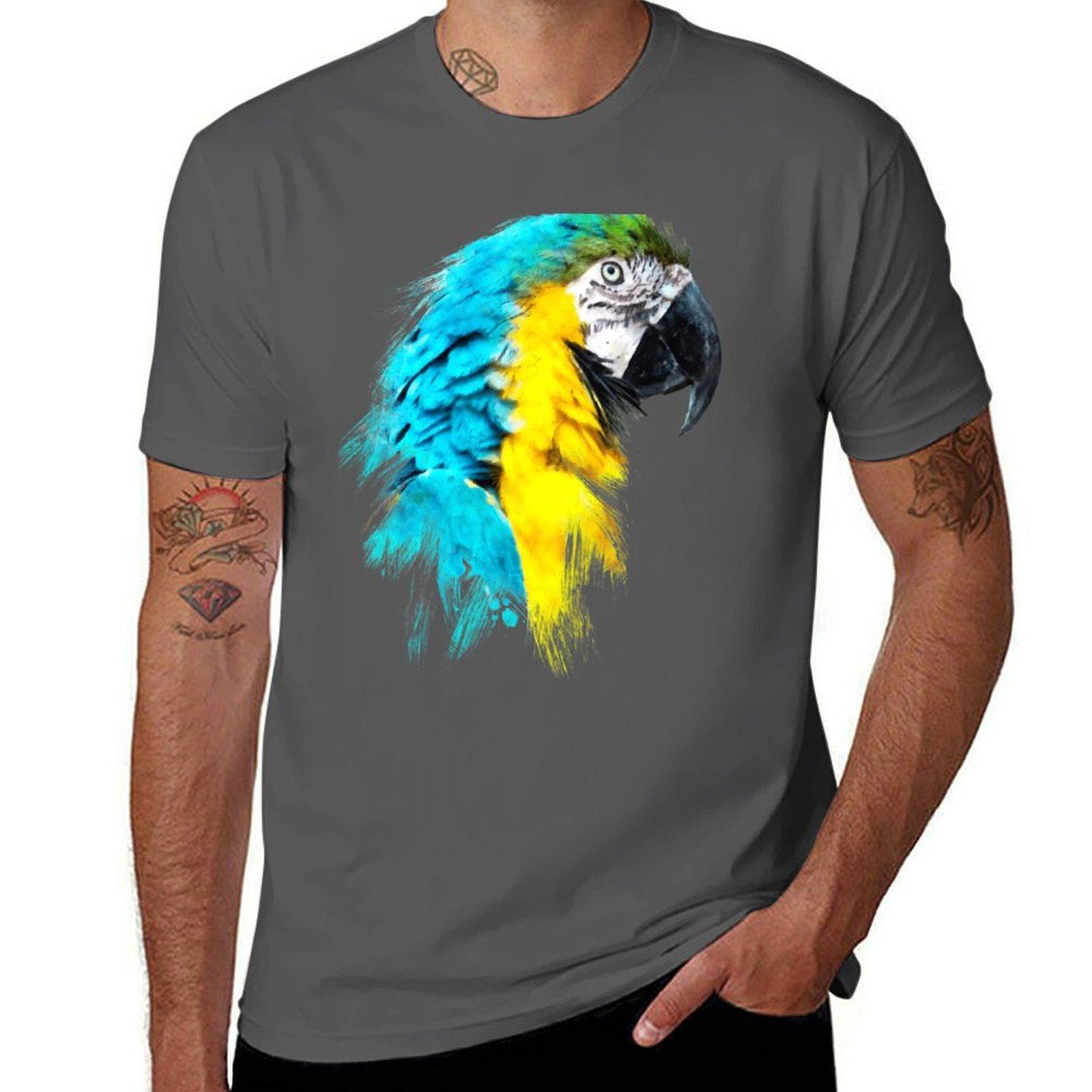 

Dramabite Watercolour blue yellow macaw parrot T-Shirt cotton t shirt man man t shirts cotton T-Shirt 4XL