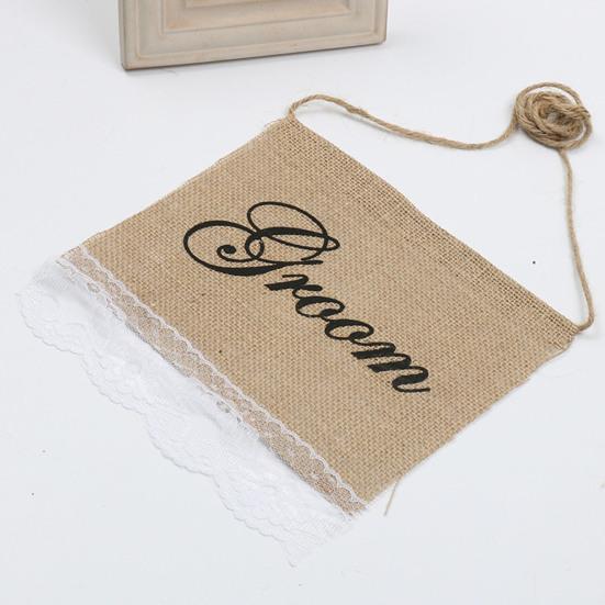 1 Set Chair Banner Letter Printed Washable Burlap Wedding Banquet Groom Bride Dining Chair Flag with Lace Festival Decor