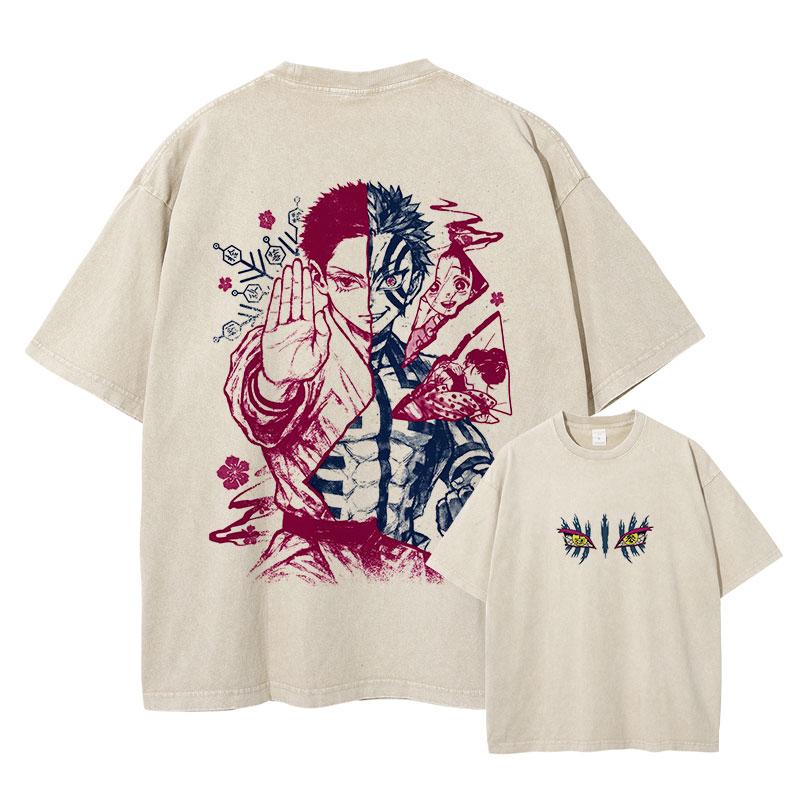 Anime Unisexga Akaza Hakuji T Shirt Vintage Washed Tops Tees Harajuku DTG Print Short Sleeve Tshirt 100 Cotton 4XL