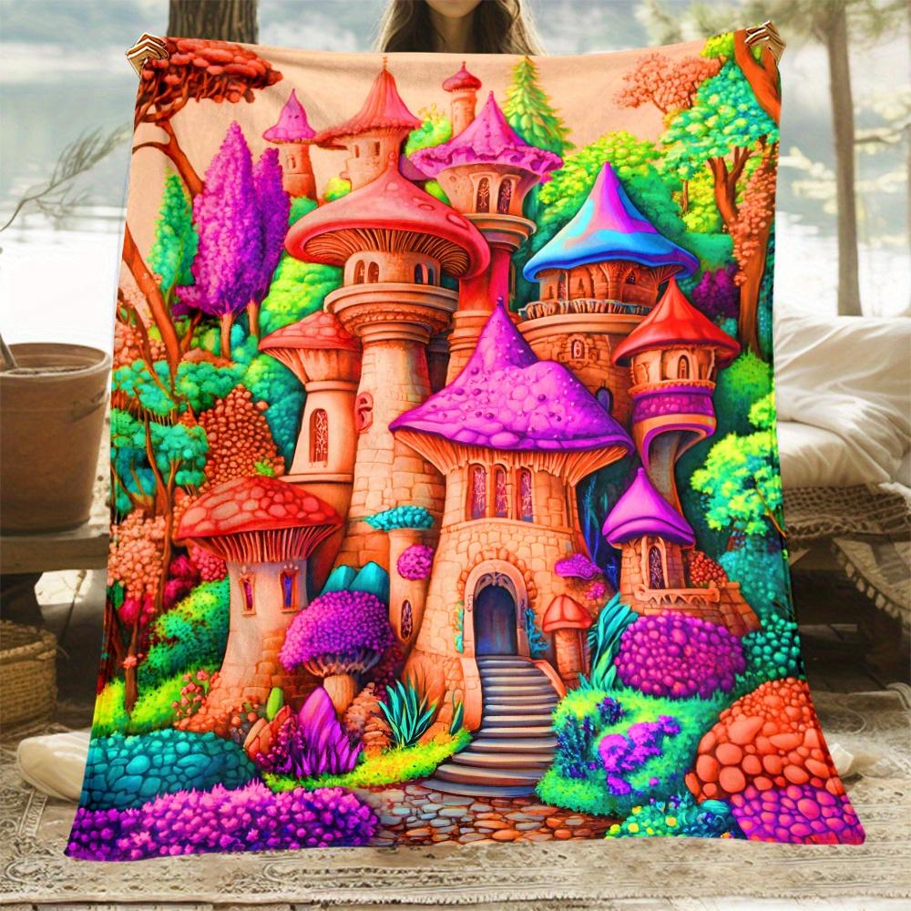 1pc Fantasy mushroom castle colorful fairy tale forest magical landscape soft flannel blanket throw blanket kids room decor 75x100cm (30x40inch)