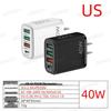 40W Multi-Standard Charger: 1 USB + 3 PD Ports for Mobile Devices (EU/US/UK Compatible)