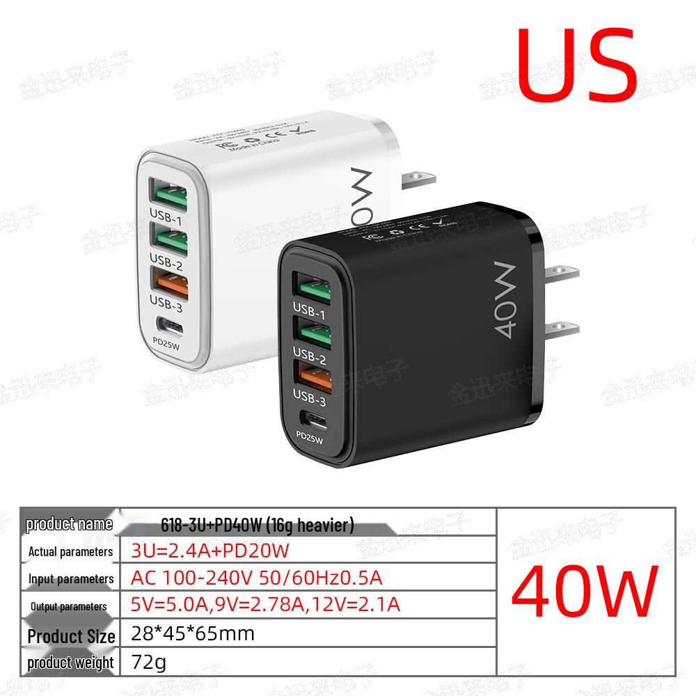 40W Multi-Standard Charger: 1 USB + 3 PD Ports for Mobile Devices (EU/US/UK Compatible)