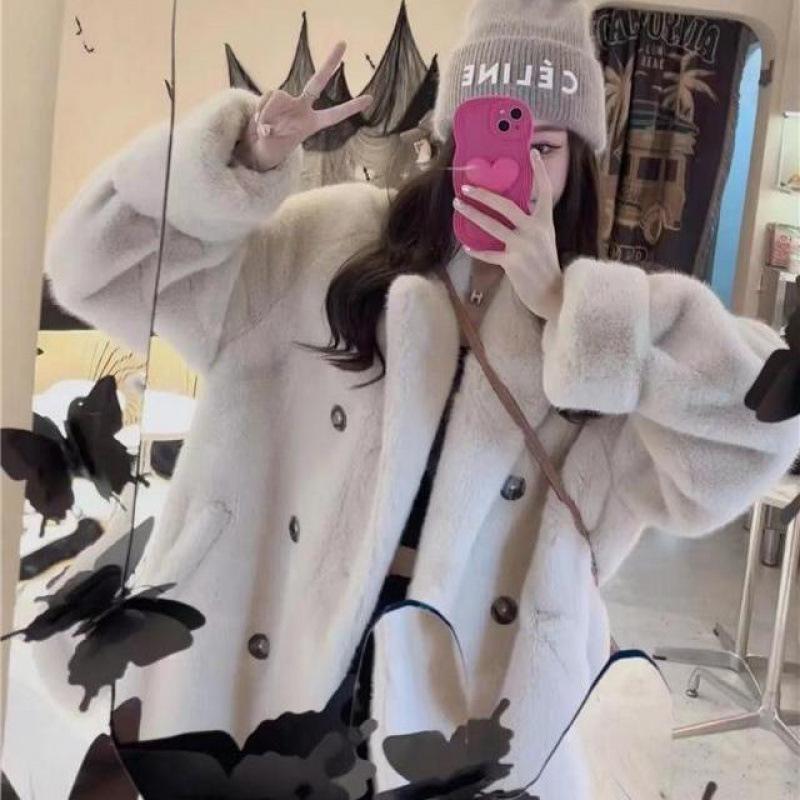 Imitation Mink Velvet Long Loose Thickened Fur Integrated Suit Collar Imitation Leather Coat Women's Winter Light