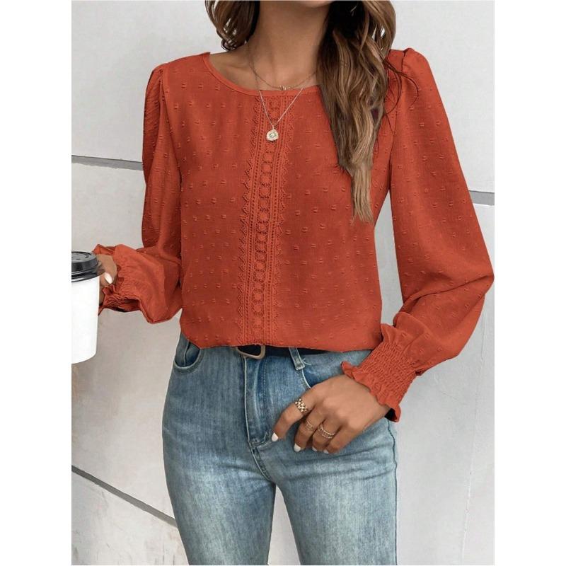 Women's Shirt Spring and Summer 2026 Round Neck Lace Casual Loose Women's Blouses Puff Sleeve Tops Vintage Elegant Solid Color Office Ladies Shirts