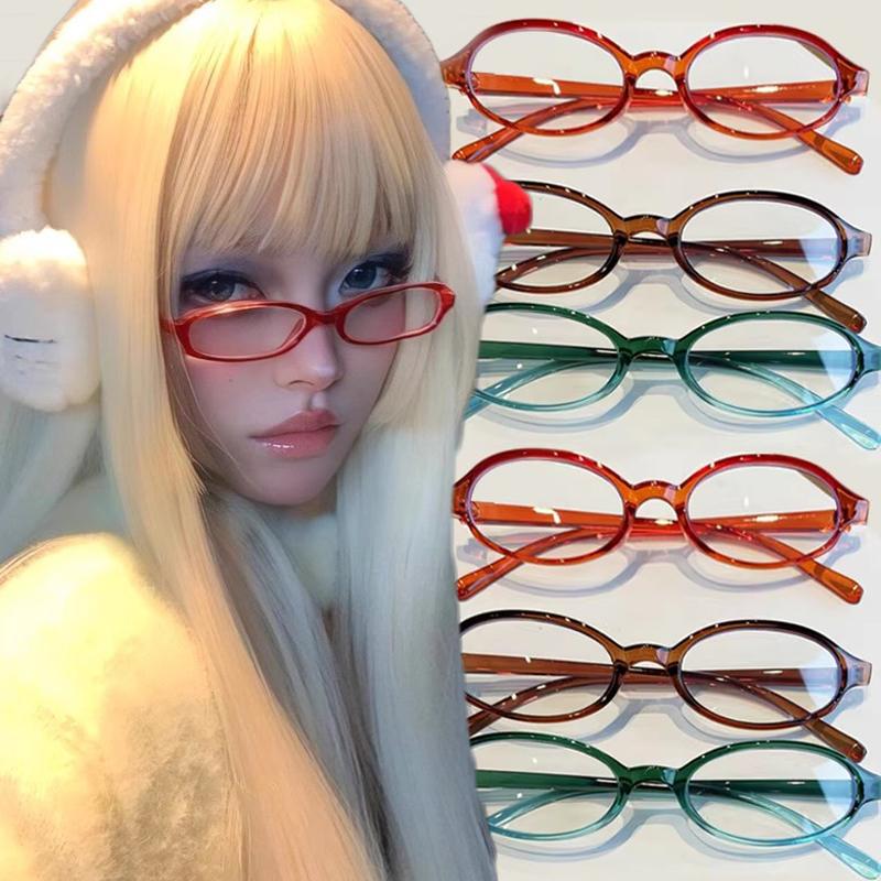 1/2/3pcs Y2K Vintage Small Oval Glasses Girls Style Red Green Frame Glass Eyewear Decorative Outdoor Anti-blue Eyeglasses Gifts