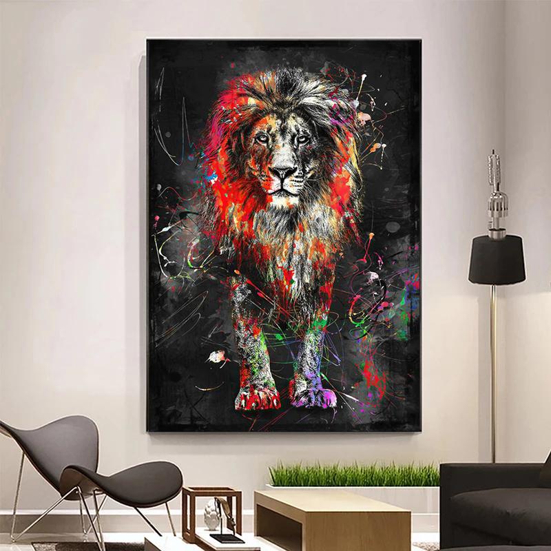 Pintura de Lienzo de León Colorido Abstracto Póster Moderno de Animales e Impresiones Arte de Pared Imágenes para Sala de Estar Decoración del Hogar