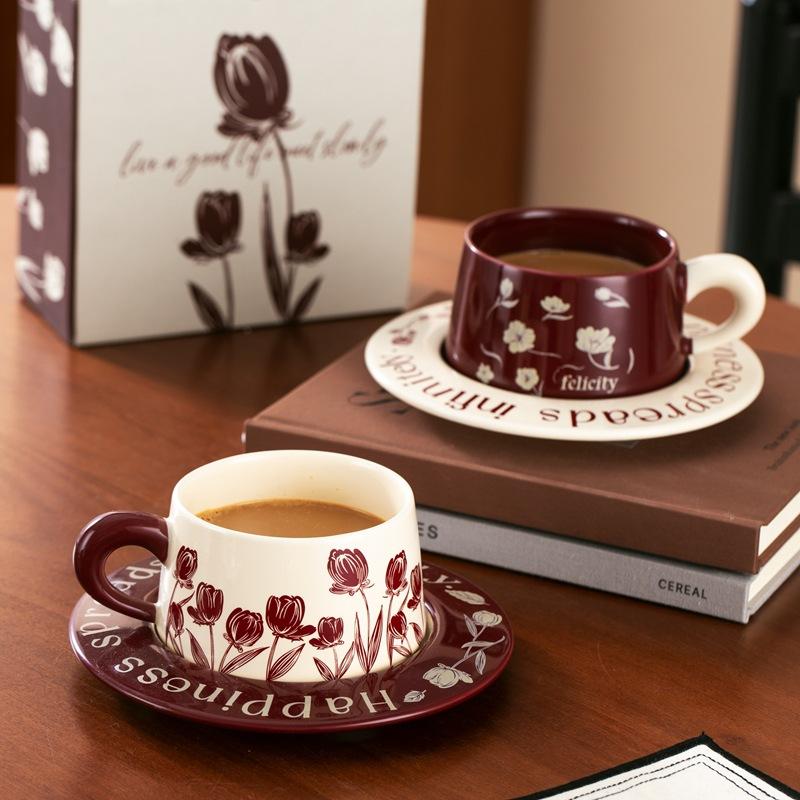 Flower Cup and Saucer Set To Cup Gift Box Light Luxury Coffee Cup Couple Ceramic Mug with Lid Spoon Souvenir Gift