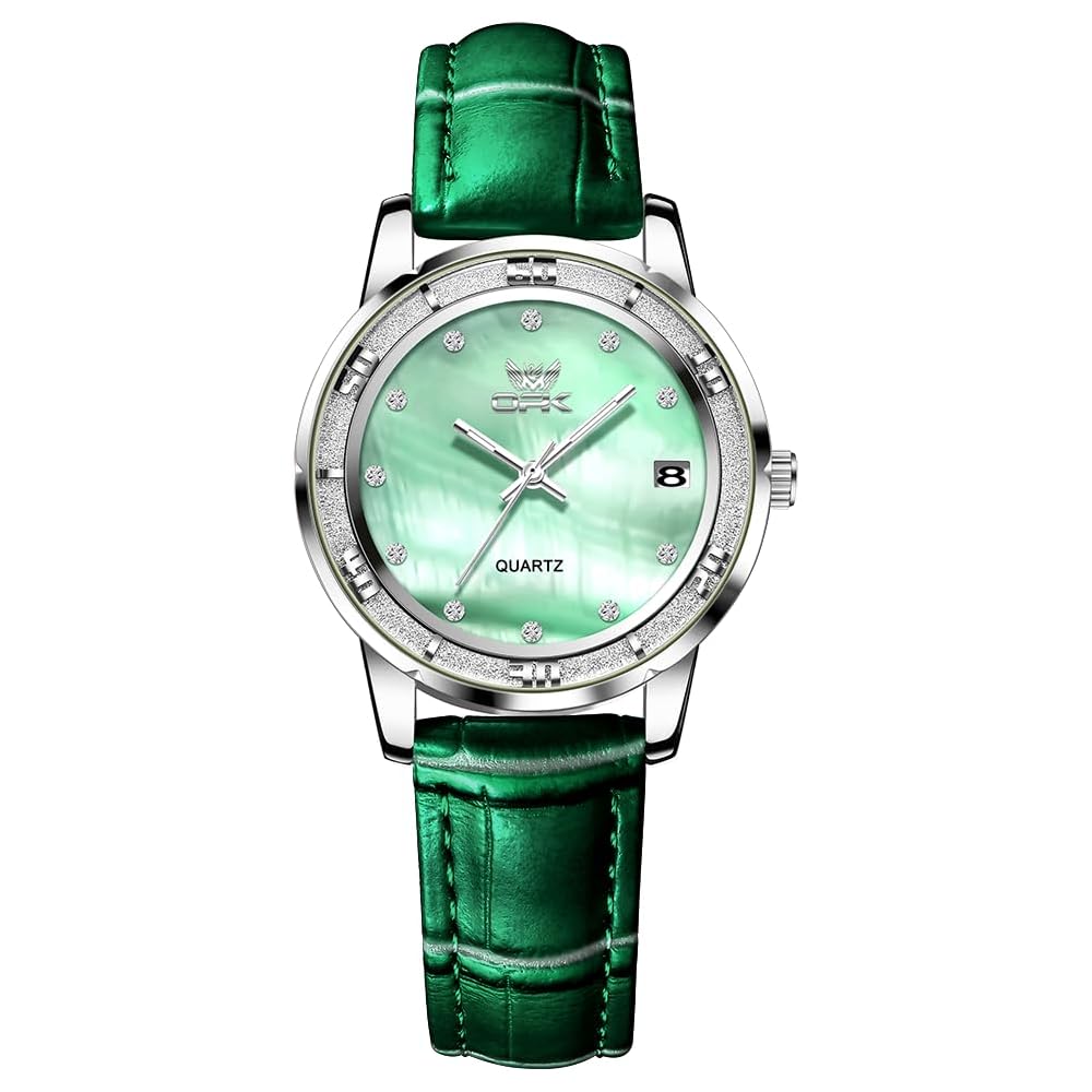 Women s Analog Watch Green Shell Face Calendar Classic Quartz with Embossed Leather Strap