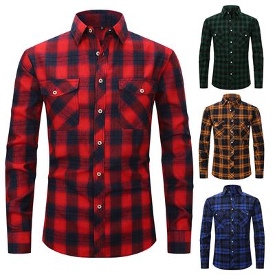 Brushed Plaid Shirt Men's Long Sleeve Double Pocket Flannel Foreign Trade Shirt
