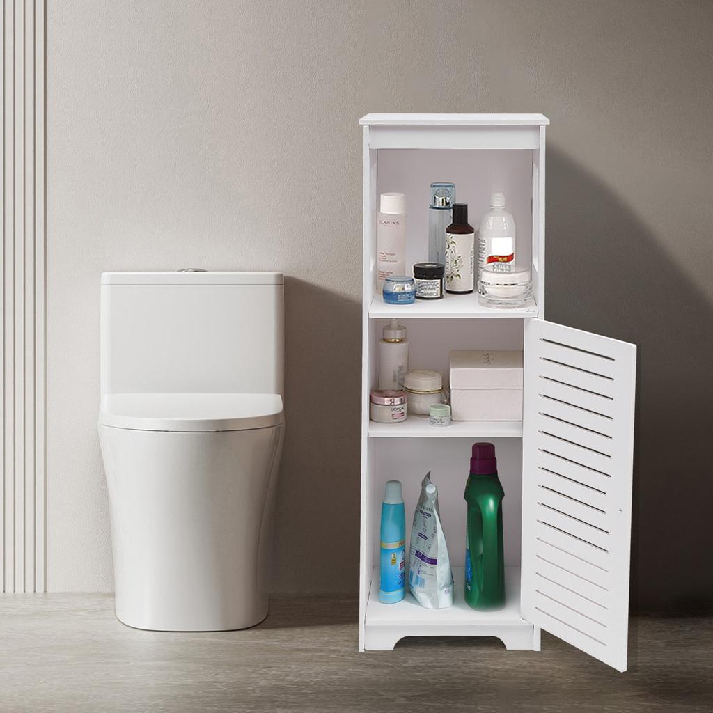 4-Tier White PVC Bathroom Storage Cabinet – Floor Standing Organizer with Ventilated Door – 35.4 Inch Tall