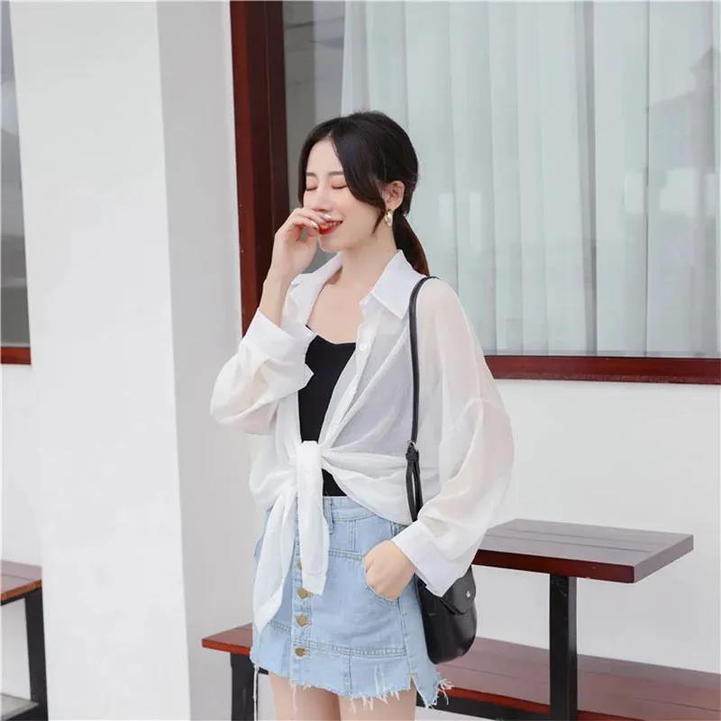 Sunscreen Chiffon Shirt Female Summer Coat Korean Version  Thin Section  Blouse Loose Air-conditioned Shirt Tide Womens Tops White Polo Collar Shirt