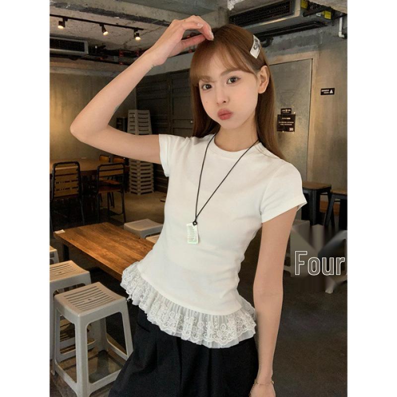 

Летний женский тренд: Сладкая футболка с кружевной отделкой, круглым вырезом и короткими рукавами 2025 Extra Large