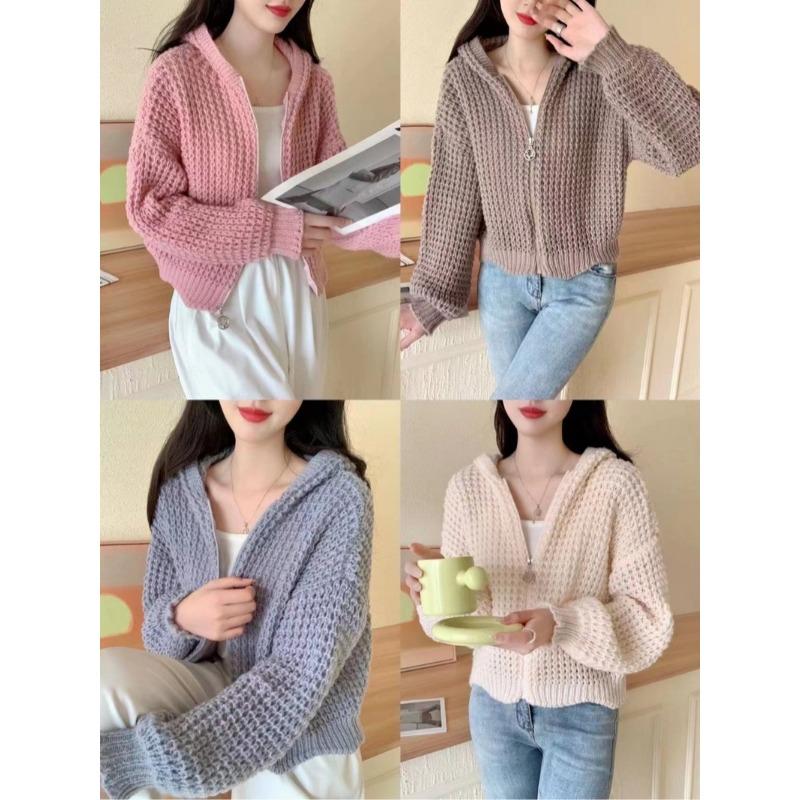 Autumn Winter New Zipper Knitted Hooded Sweater Jacket Korean Retro Cardigan Women Coats Casual Slim Fit Knitwear Jackets Simple Elegant Solid Top