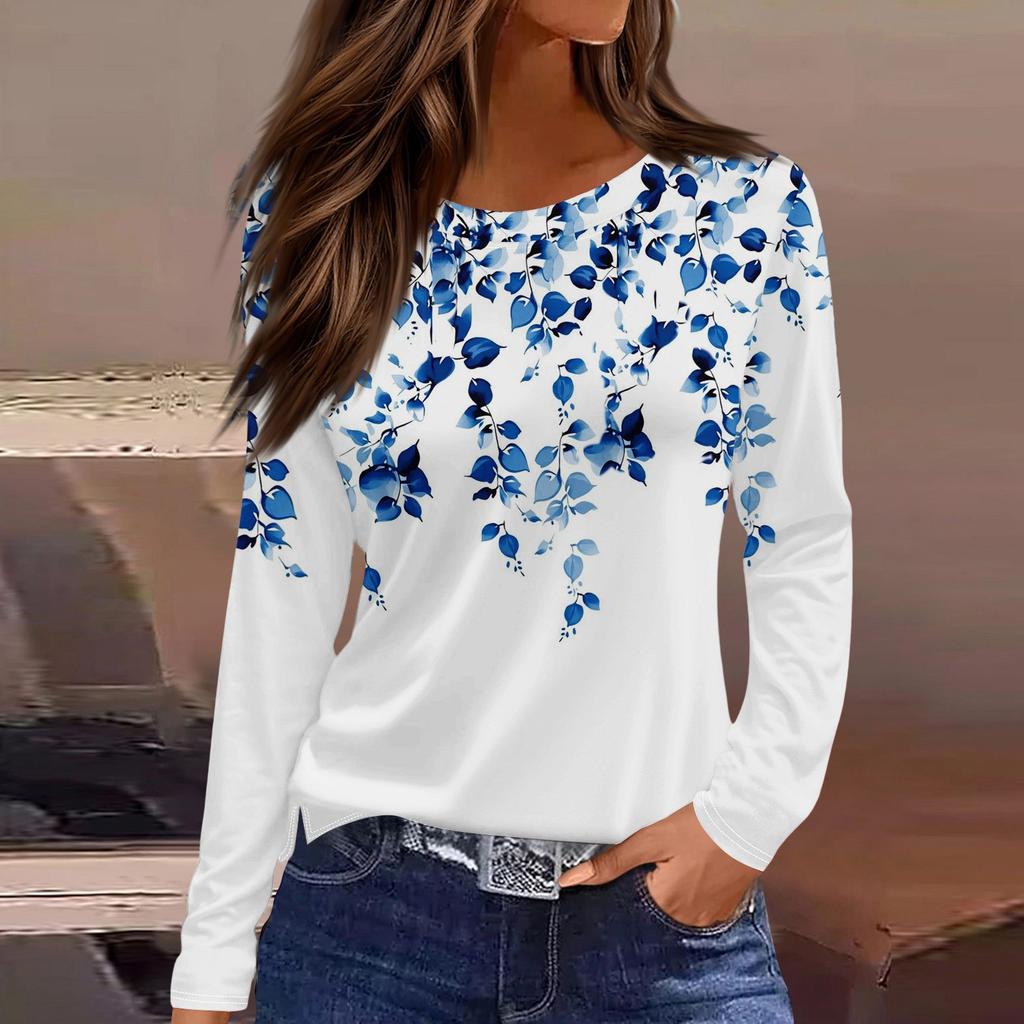 Dames casual T-shirt met split aan de zoom, ronde hals, lange mouwen en losse print.