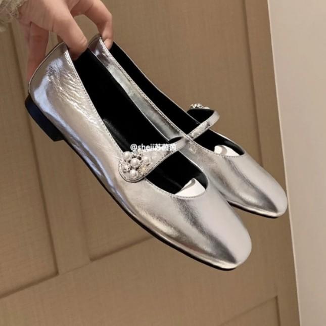 

Cowhide version~ French leather rhinestone one-word buckle soft-soled single shoes women s spring pearl Mary Jane flat shoes ladyshoes 40