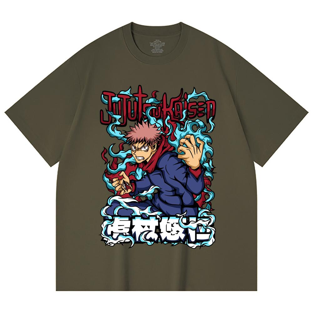 230 Gsm 100% Cotton Jujutsu Kaisen V50 Yuji Print Unisex Heavy Cotton T Shirt