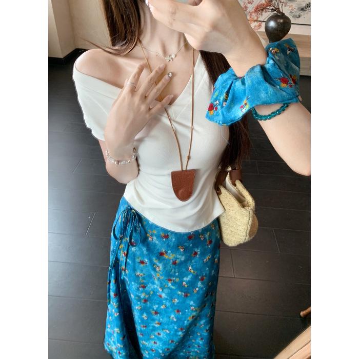 Women s Blue Floral Print High-Waist Midi A-Line Skirt - Summer French Style Extra Large