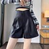 Women's High-Waist Khaki A-Line PU Leather Shorts, Autumn/Winter 2024, Wide-Leg Bootcut Casual Wear
