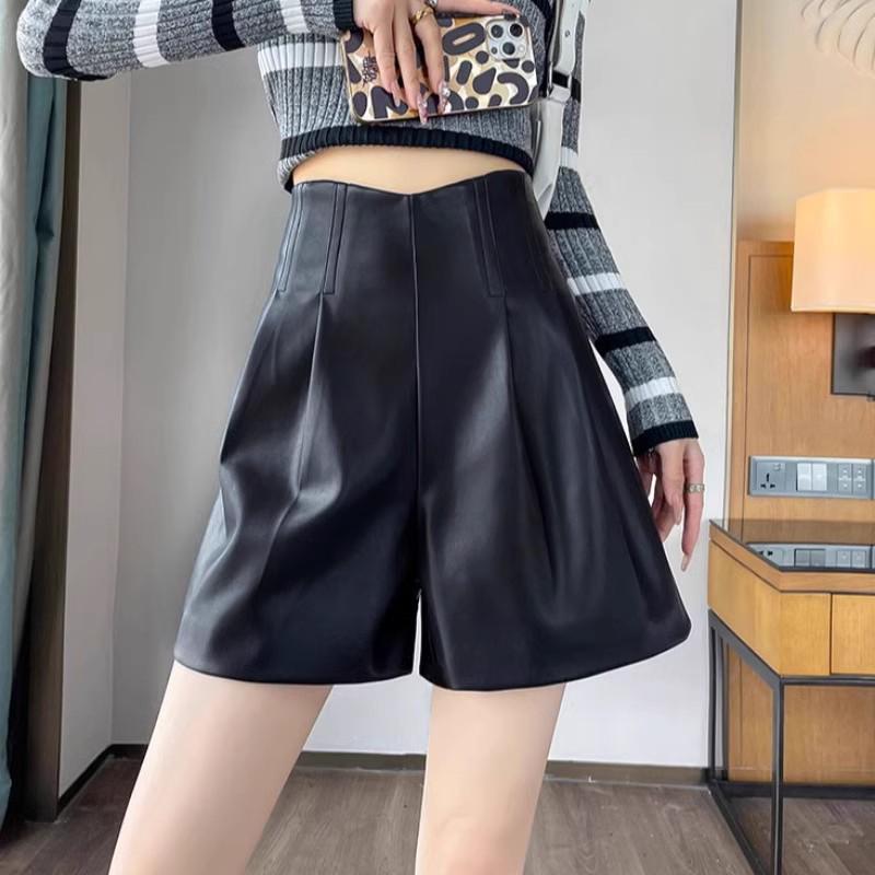 Women's High-Waist Khaki A-Line PU Leather Shorts, Autumn/Winter 2024, Wide-Leg Bootcut Casual Wear