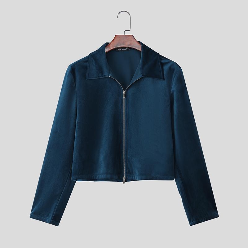 INCERUN Men Casual Lapel Neck Long Sleeve Zipper Up Velvet Jackets Coats