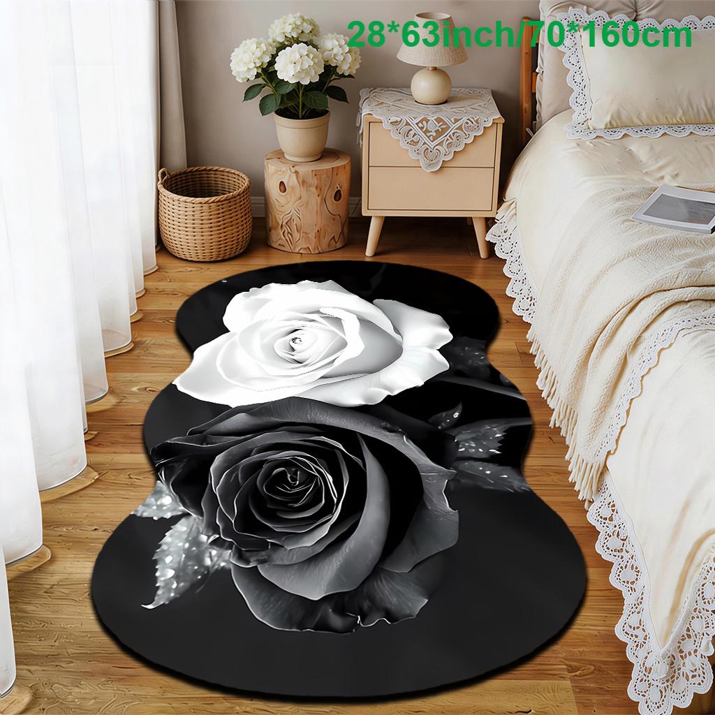 1pc Luxury Black White Rose Carpet, Durable Non-Slip Washable Indoor Rug For All Seasons, Halloween Thanksgiving Christmas Decor