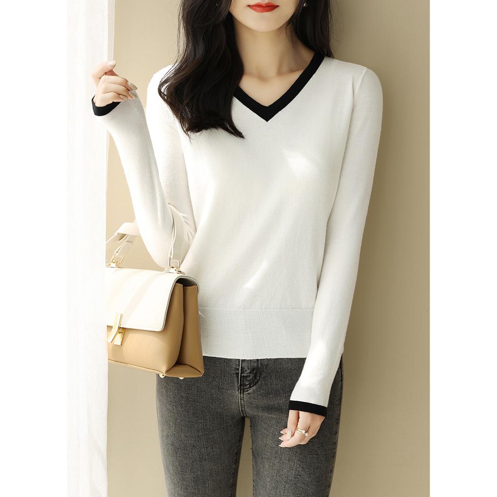 Women's Spring and Autumn Long-sleeved V-neck Knitted Colorblocking Pullover Sweater Long-sleeved Slim Bottoming Shirt
