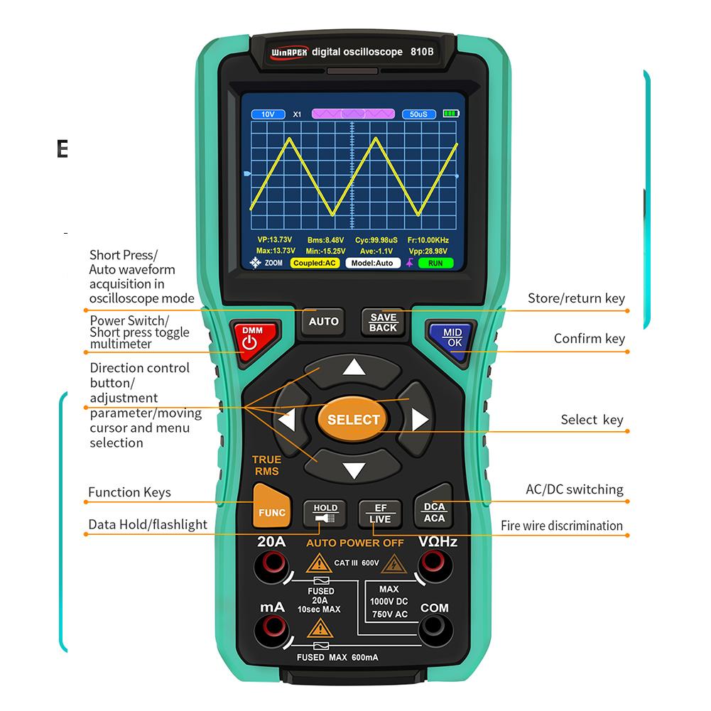 3.2inch Digital Oscilloscope Multimeter Automatic Oscilloscope 10Mhz 50MSa/s Handheld Oscilloscope 9999 Counts Electrician Tools