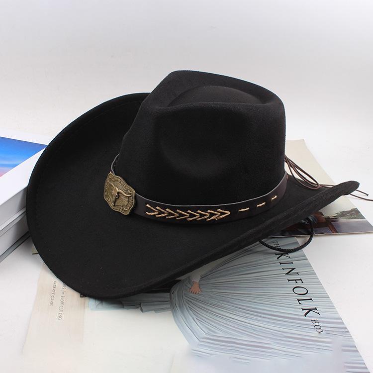 Western Cowboy Style Tibetan Bull Head Accessories Fashion Top Hat Autumn/Winter New Collection Deer Skin Velvet Large Edge Riding Hat