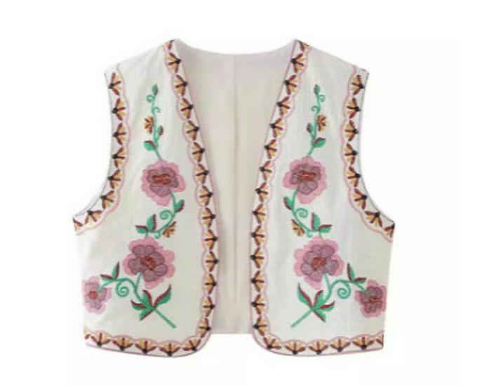 2023 Květinová výšivka Color Block Bez rukávů Otevřená přední strana Vesta - Retro Jarní Dámský Svršek