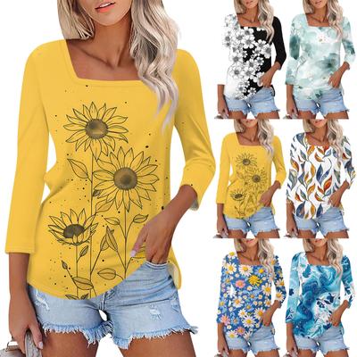 Camisa para moda feminina casual gola quadrada manga 3/4 solta estampada camiseta feminina top