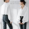 Long Sleeve Chiffon Blouse with Balloon Loose Plus Sizes Korean Autumn [POGCZMKK] Women's Shirt, V-Neck Sleeves, Cute, Slimming, Fit, Available,