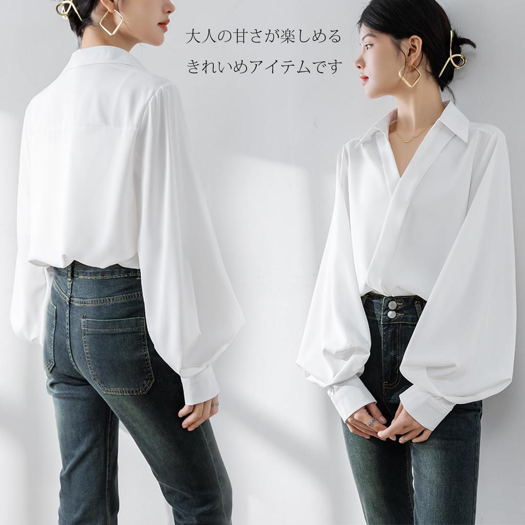 Long Sleeve Chiffon Blouse with Balloon Loose Plus Sizes Korean Autumn [POGCZMKK] Women's Shirt, V-Neck Sleeves, Cute, Slimming, Fit, Available,
