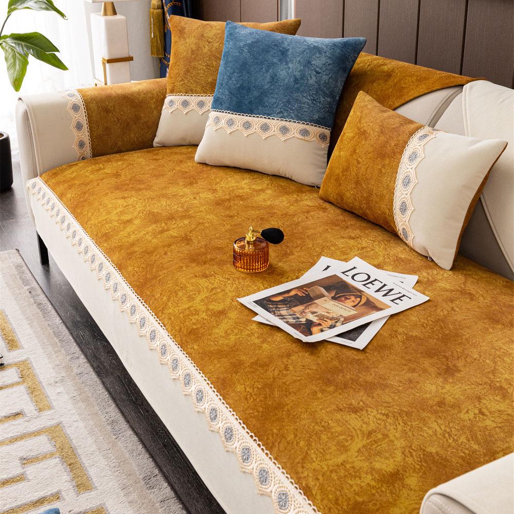 Luksusowy koronkowy pokrowiec na sofę antypoślizgowy na kanapę w kształcie litery L z szenili, ochraniacz na meble do salonu