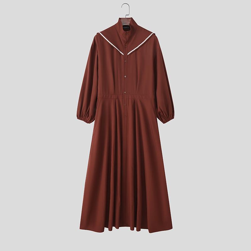 INCERUN Men Stand Neck Long Sleeve Button Up Casual Pleated Long Shirts Tops