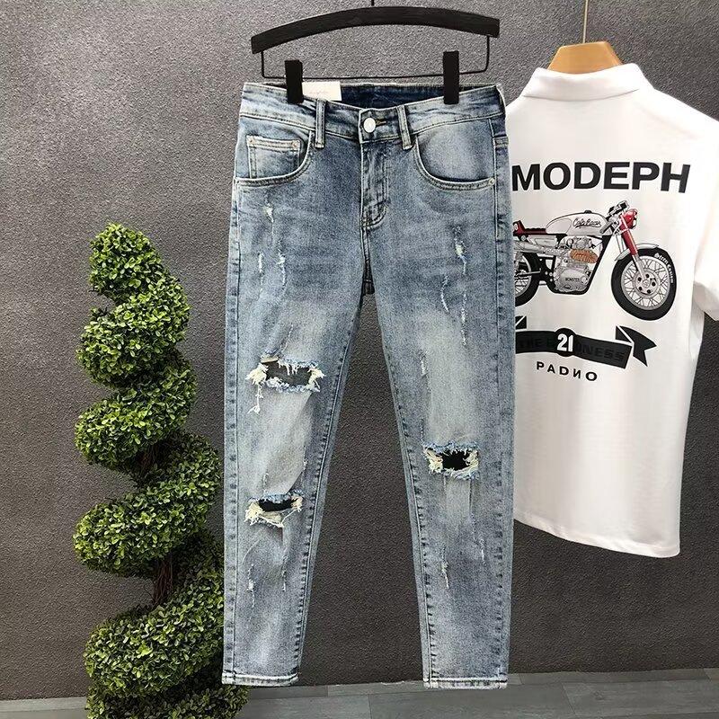 Summer new ripped jeans men's trendy brand thin fashion personalized scratched beggar pants slim pants