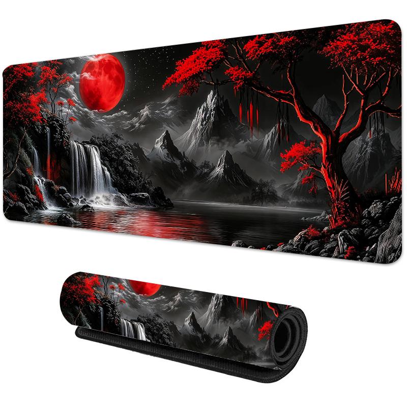 Red Moon Anime mousepad Gaming Mouse Pad Rubber Base, Extended Keyboard Protector for Home Office, Perfect for Gaming
