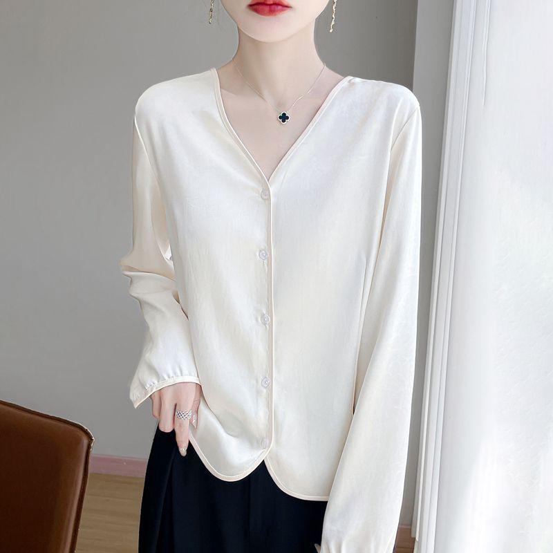 Women's Luxury Satin Blouse Long Sleeve Loose V-Neck Shirt Spring and Summer