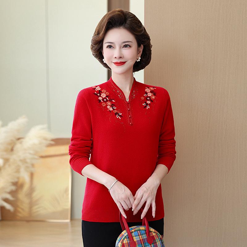 Year of the Rat High-End Embroidered Wool Sweater with Stand-Up Collar for Middle-Aged and Elderly Women