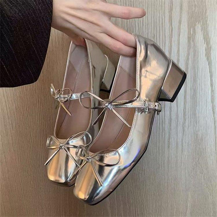 French silver bow ballet women's shoes 2025 new square head thick heel Mary Jane shoes temperament fashion shoes