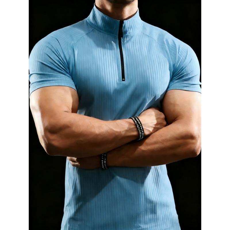 Men European Size Slim Fit Summer Half Zip Short Sleeve Ribbed Polo Shirt