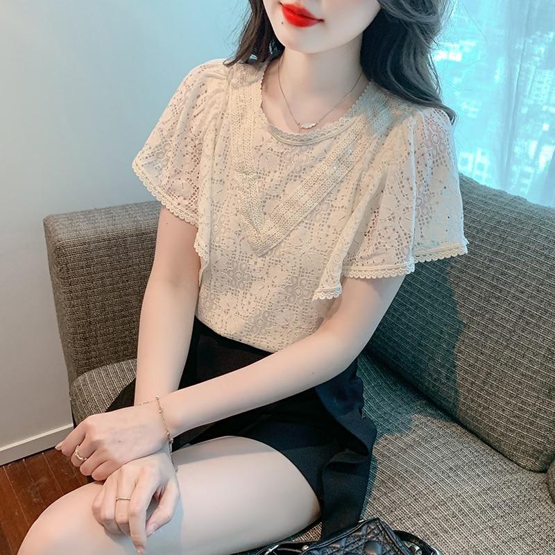 

Flying Sleeve Hollow Lace Shirt Women Summer 2026 Fashion O Neck Elegant Blouse Women French Sweet Temperament Slim Tops 27630 XL абрикосовий