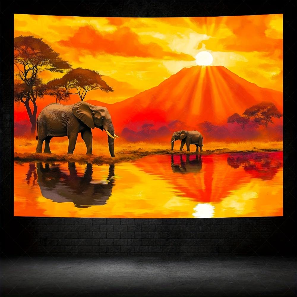 Savanna Sunset Tapestry-Double Elephant on a Waterhole, Dusk Sky, African Wilderness Wall Wall Art Deco Tapestry 100X70CM
