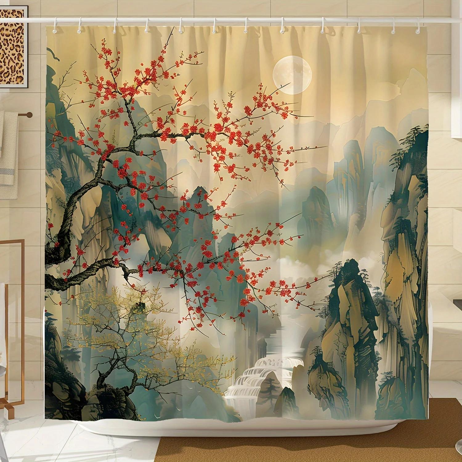 

Elegant Oriental Landscape Shower Curtain, Waterproof Fabric With Cherry Blossoms For Serene Bathroom Decor,Zen Harmony Included W60H190(CM)-1 Pcs