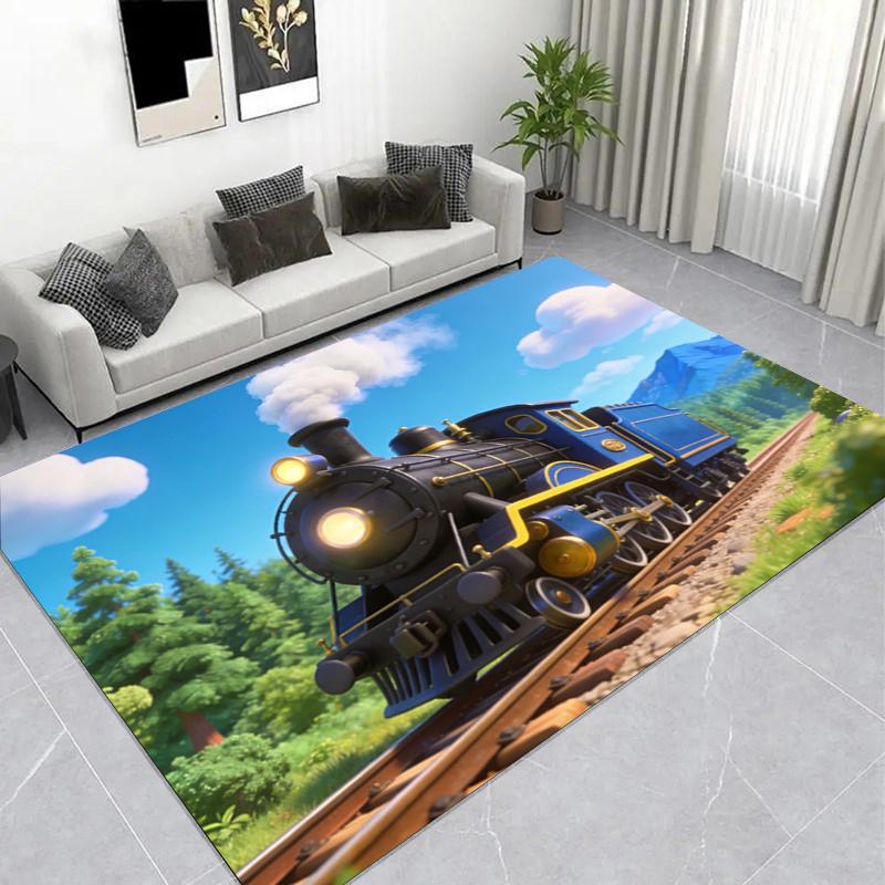 Vintage Steam Locomotive Area Rug, Retro Train Landscape Living Room Carpet, Non-Slip Mat for Train Enthusiasts